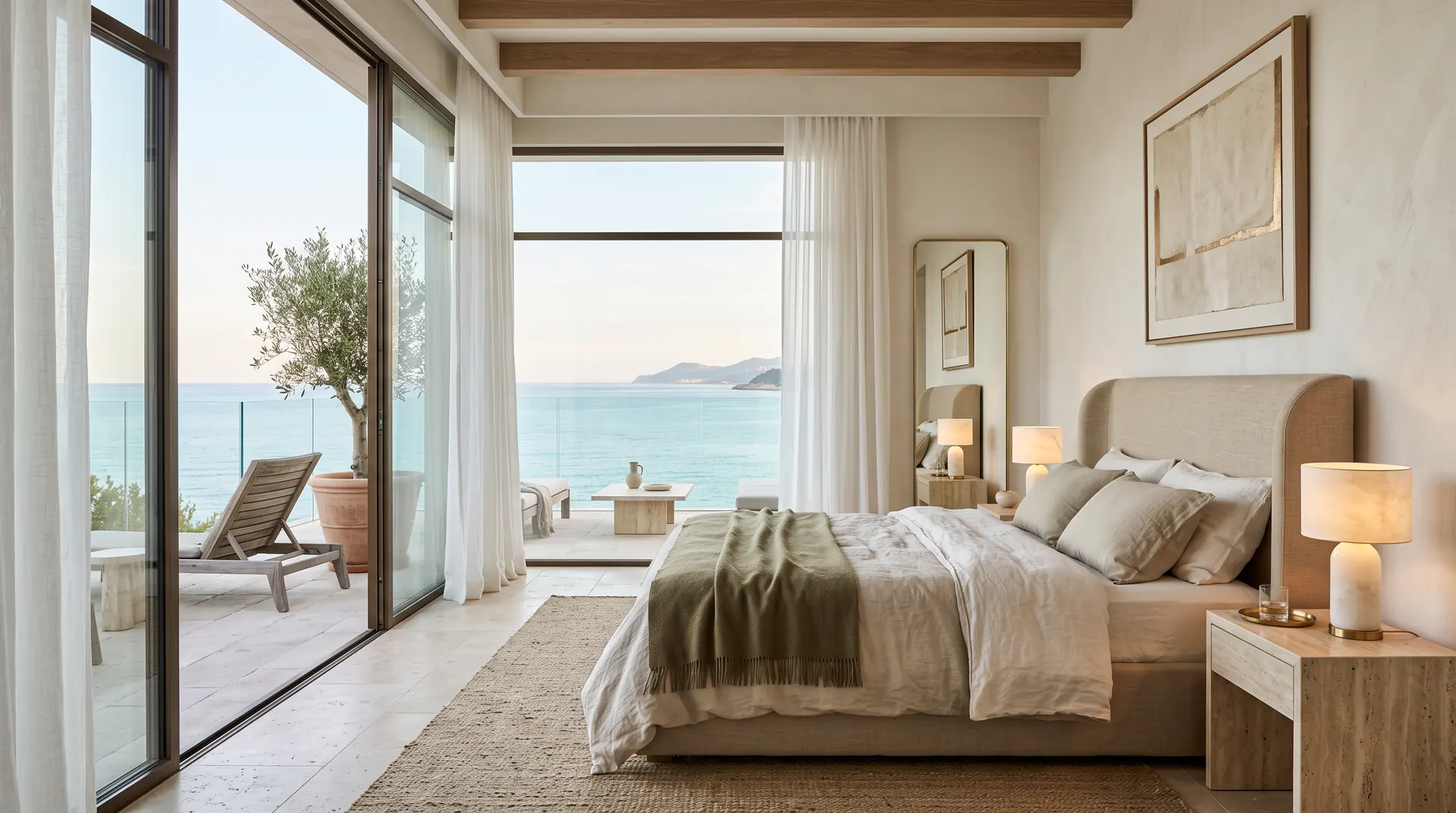 Schlafzimmer mit Leinenbett und Blick auf das Meer