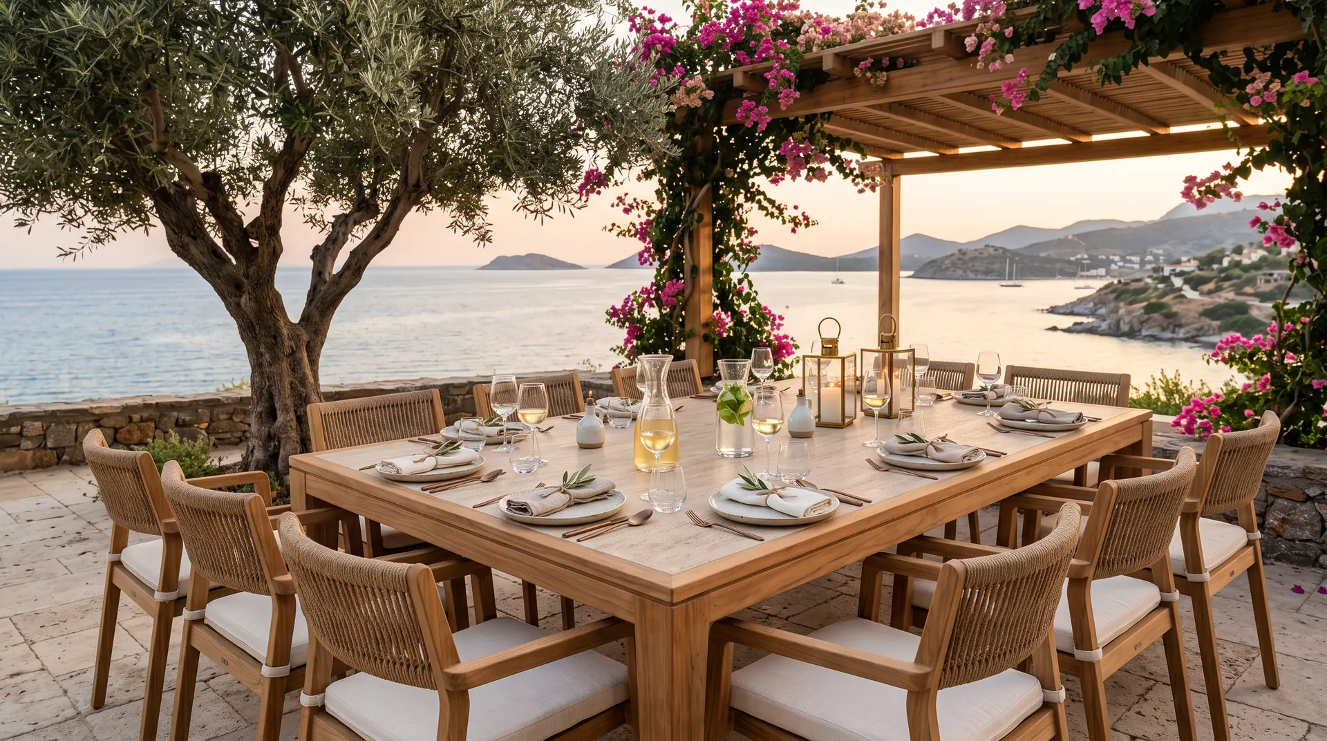 Gedeckter Outdoor-Esstisch unter Olivenbaum und Pergola