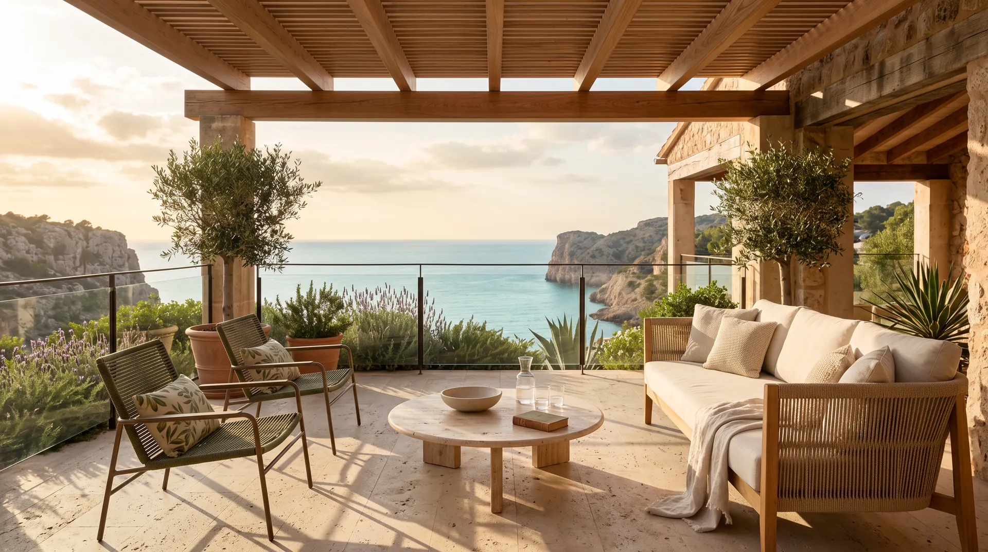 Outdoor-Lounge mit Teaksofa und Rope-Sesseln unter einer Pergola